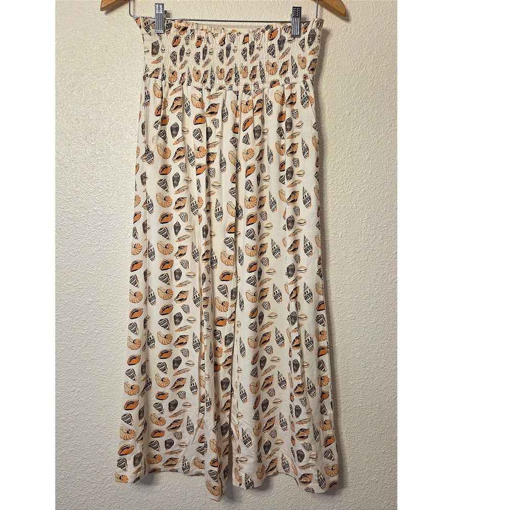 Kate Quinn Bamboo Wide Leg Pants XS Seashell Print Coastal Resort Boho Lounge